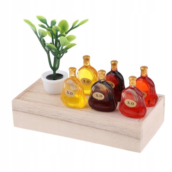 Miniature per case delle bambole 1:12 bottiglie vino, pianta verde e cassetta in legno