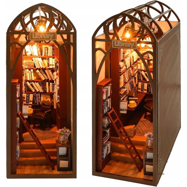 Dollhouse in legno DIY a tema biblioteca con montaggio completo e dettagli unici