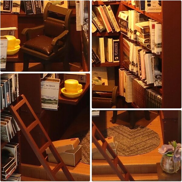 Dollhouse in legno DIY a tema biblioteca con montaggio completo e dettagli unici