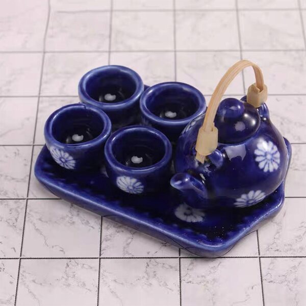 Keramik-Miniatur-Set für Puppenhaus 1:12 – Blaues Teeservice