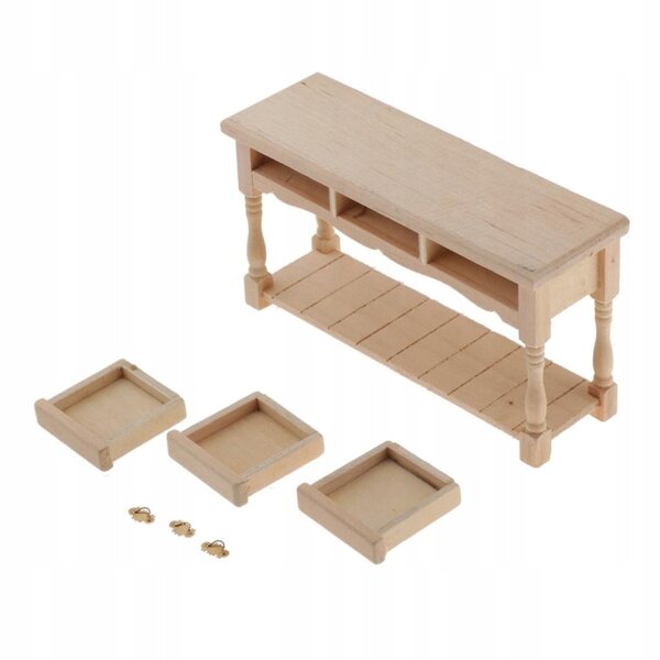 1:12 Miniatur-Holztisch mit 3 Schubladen für Puppenhaus