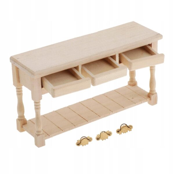 1:12 Miniatur-Holztisch mit 3 Schubladen für Puppenhaus