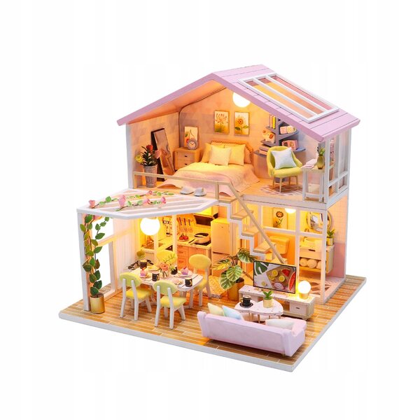 Casa delle bambole in legno con mobili e illuminazione a LED da montare