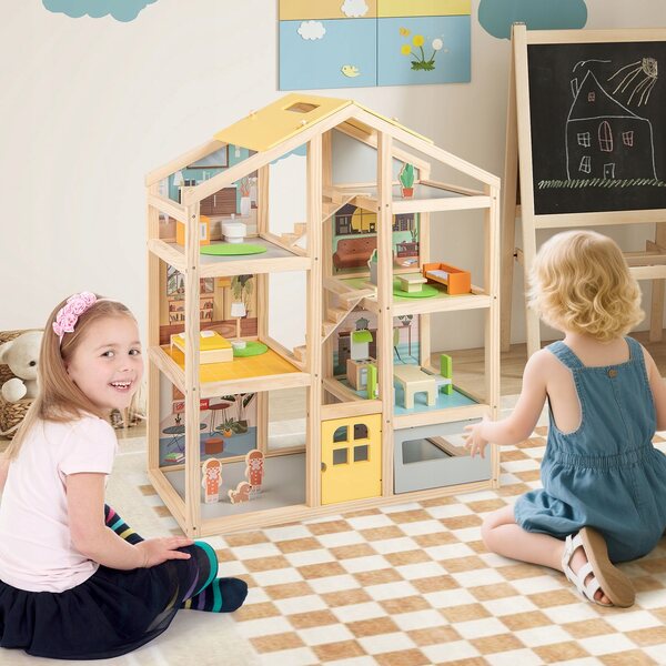 Holzpuppenhaus 75 cm mit Costway-Möbeln und Figuren