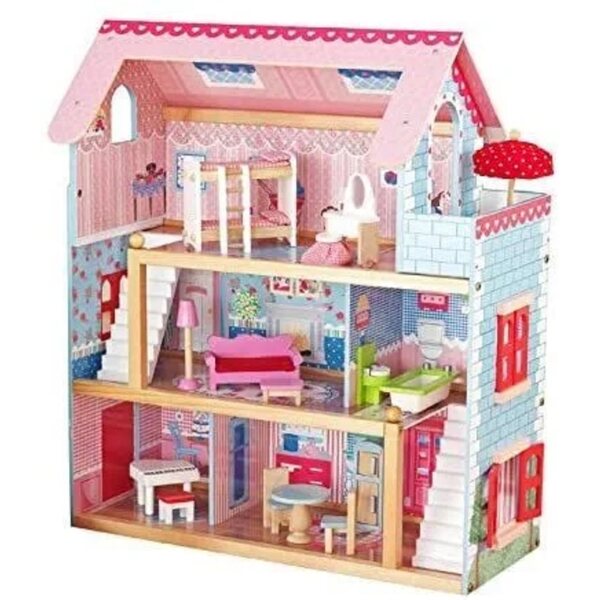 Casa delle bambole XXL in legno con LED e set di mobili, 3 piani, 71,5 cm