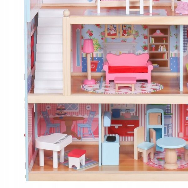 Casa delle bambole XXL in legno con LED e set di mobili, 3 piani, 71,5 cm