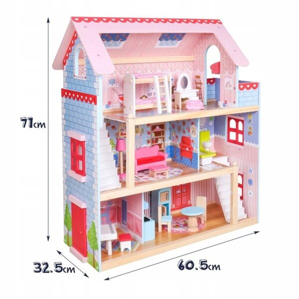 Casa delle bambole XXL in legno con LED e set di mobili, 3 piani, 71,5 cm