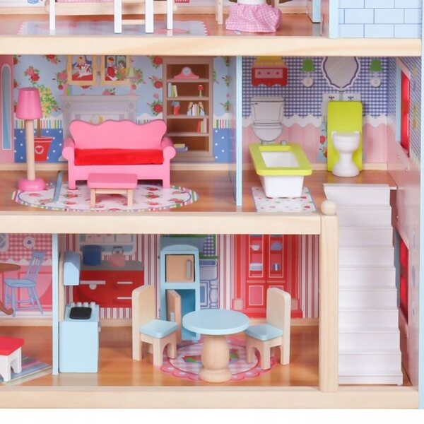 Casa delle bambole XXL in legno con LED e set di mobili, 3 piani, 71,5 cm