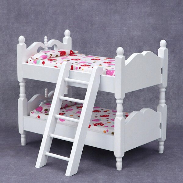 Lit superposé miniature pour maisons de poupées à l'échelle 1/12 en bois avec matelas