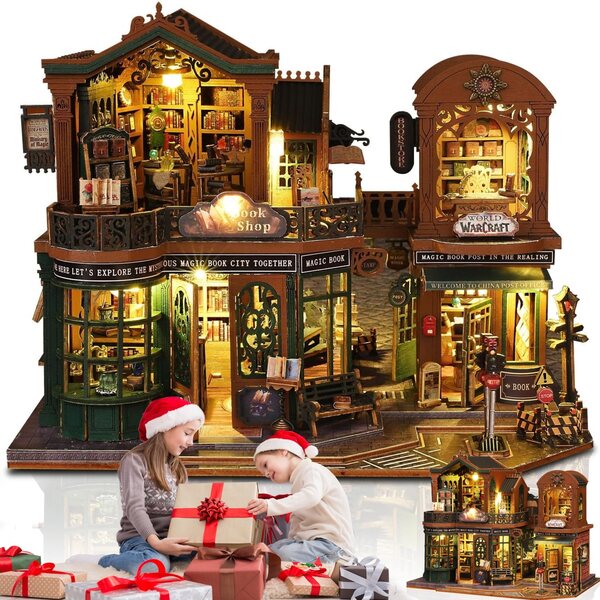 3D-Puppenhaus-Miniatur-Bücherregal mit LED und Holzmaterialien