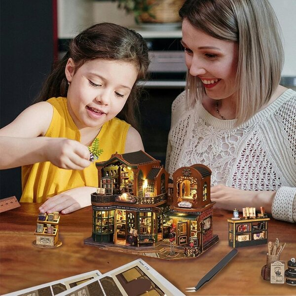 3D-Puppenhaus-Miniatur-Bücherregal mit LED und Holzmaterialien