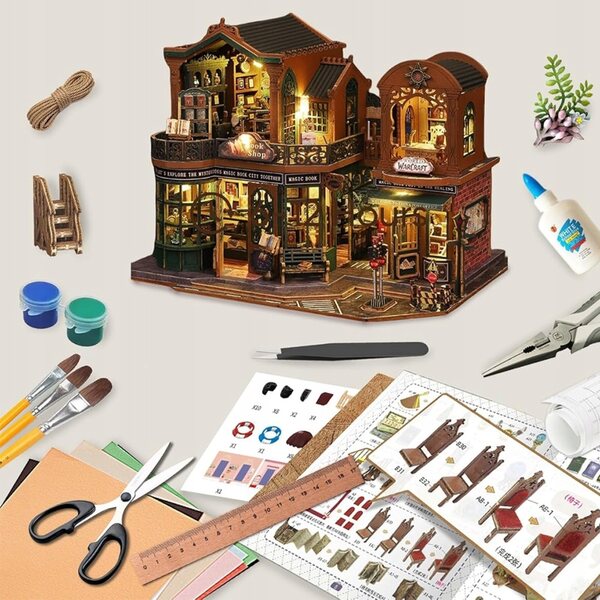 3D-Puppenhaus-Miniatur-Bücherregal mit LED und Holzmaterialien
