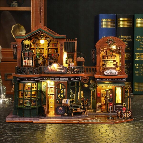 3D-Puppenhaus-Miniatur-Bücherregal mit LED und Holzmaterialien