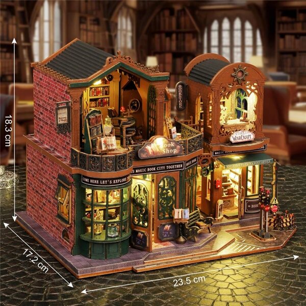 3D-Puppenhaus-Miniatur-Bücherregal mit LED und Holzmaterialien
