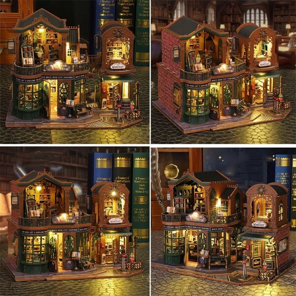 3D-Puppenhaus-Miniatur-Bücherregal mit LED und Holzmaterialien