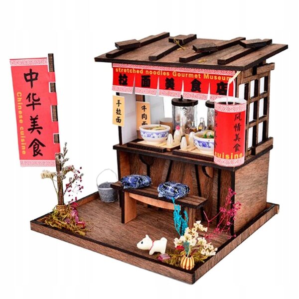 Casa delle bambole vintage in legno fai da te 1/24 con LED e mobili da cucina cinesi