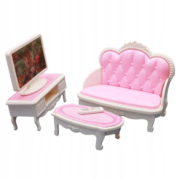 Set Mobili per Casa delle Bambole Salotto in Plastica 1:12 con TV e Divano Rosa