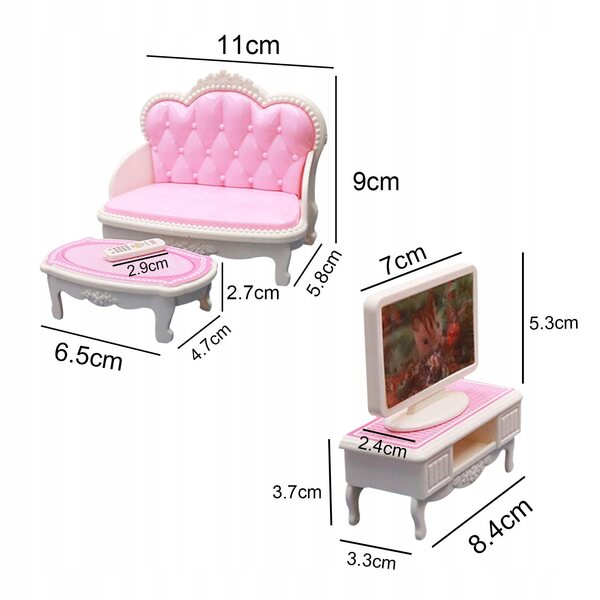 Set Mobili per Casa delle Bambole Salotto in Plastica 1:12 con TV e Divano Rosa