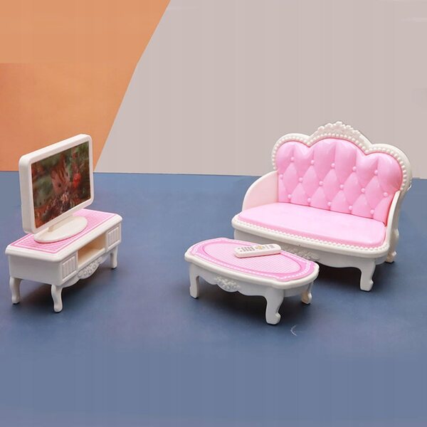Set Mobili per Casa delle Bambole Salotto in Plastica 1:12 con TV e Divano Rosa