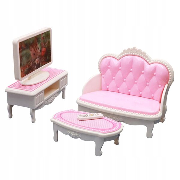 Set Mobili per Casa delle Bambole Salotto in Plastica 1:12 con TV e Divano Rosa