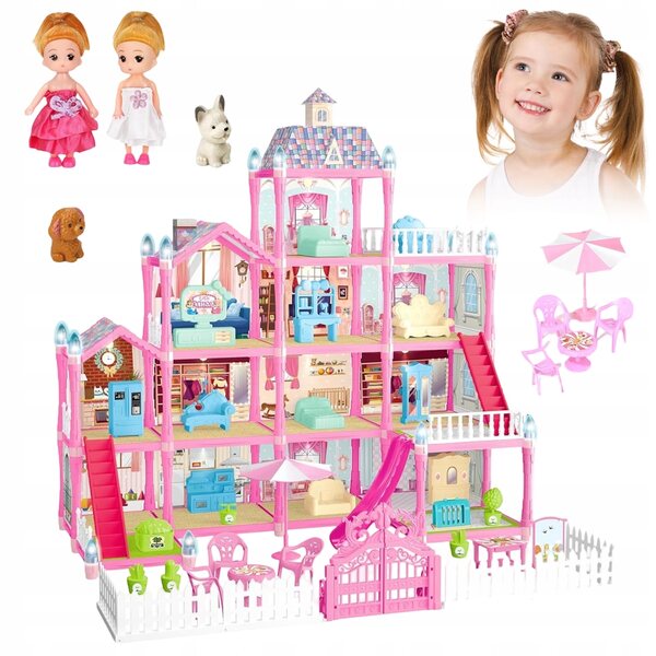 Grande casa delle bambole rosa con mobili e accessori interattivi LED 65x60x55 cm