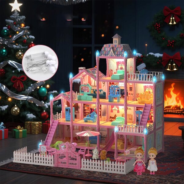 Grande casa delle bambole rosa con mobili e accessori interattivi LED 65x60x55 cm
