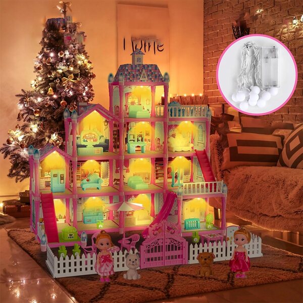 Grande casa delle bambole rosa con mobili e accessori interattivi LED 65x60x55 cm