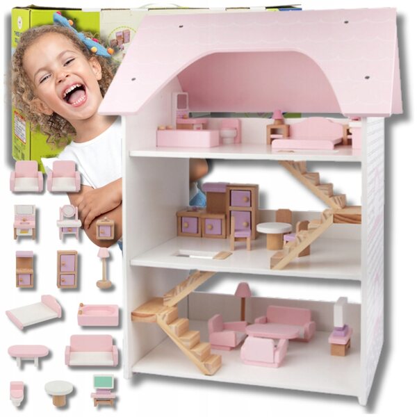 Grande casa delle bambole in legno a 3 piani con mobili inclusi per giochi creativi