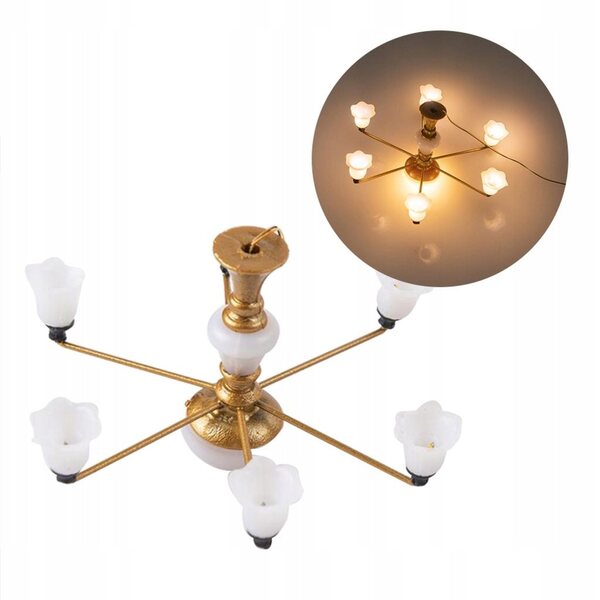 Mini lampadario in plastica per casa delle bambole con luce calda dorata 8,2x4,5 cm