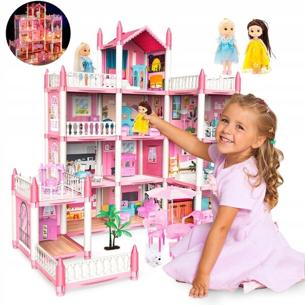 Bedee XL Puppenhaus mit 11 Zimmern, Accessoires und rosa Möbeln