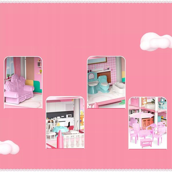 Cottage per bambole Bedee XL con 11 stanze, accessori e mobili rosa