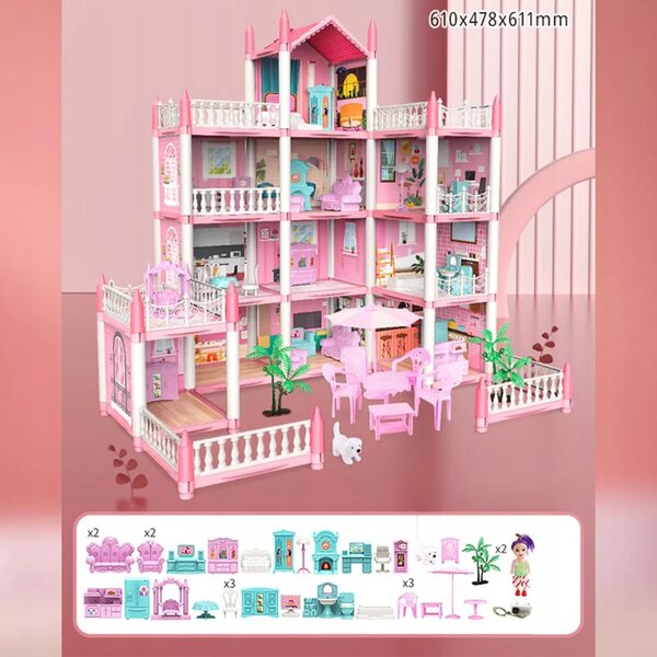 Cottage per bambole Bedee XL con 11 stanze, accessori e mobili rosa