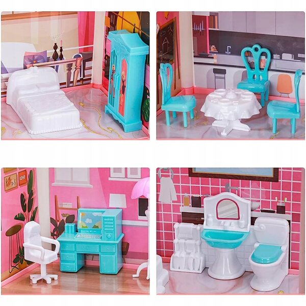 Cottage per bambole Bedee XL con 11 stanze, accessori e mobili rosa