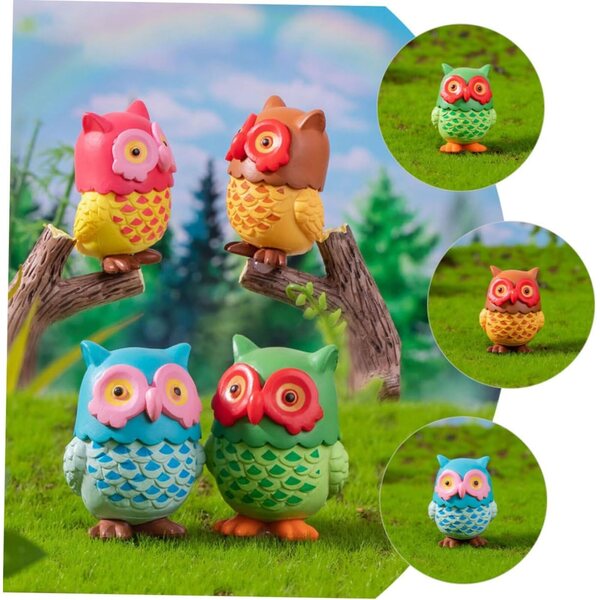 Set 4 Statuette di Gufi in Resina Realistiche per Casa e Giardino