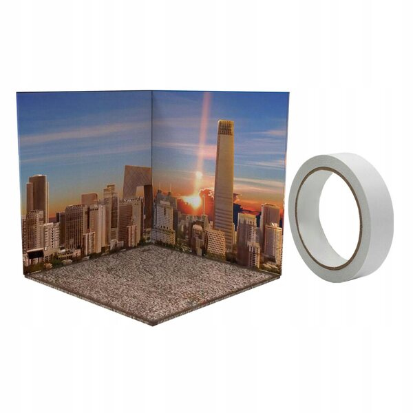 1:12 Diorama-Szene für Automodelle und Figuren mit Stadt-Sonnenuntergang-Hintergrund