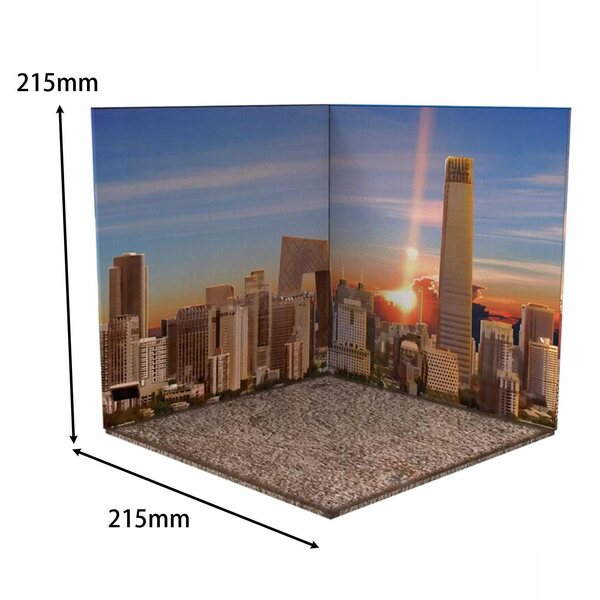 1:12 Diorama-Szene für Automodelle und Figuren mit Stadt-Sonnenuntergang-Hintergrund
