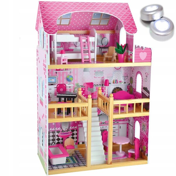 Basia Puppenhaus 90 cm mit Möbeln und LED-Lampen – Holz, handbemalt