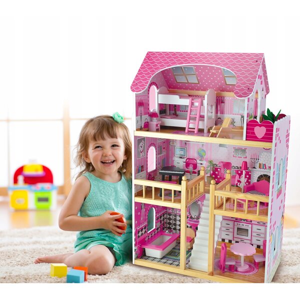 Basia Puppenhaus 90 cm mit Möbeln und LED-Lampen – Holz, handbemalt