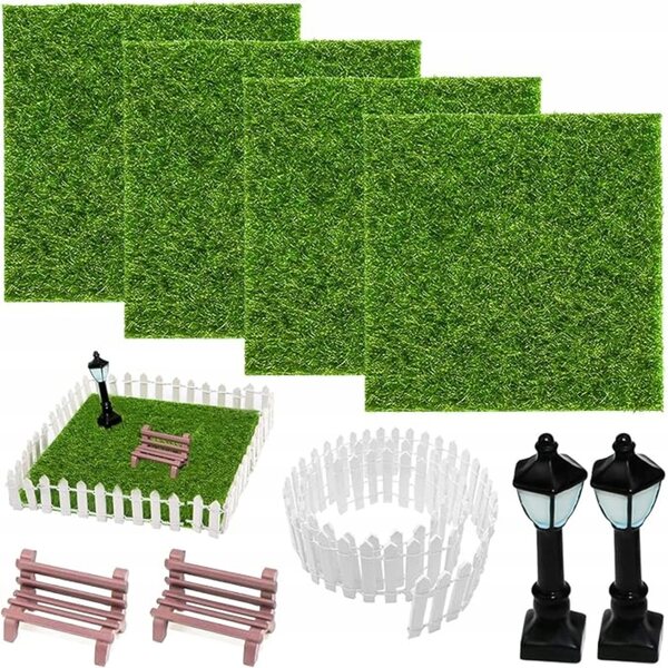 9-teiliges Mini-Gartenset mit Rasen, Zaun, Bänken und Laternen