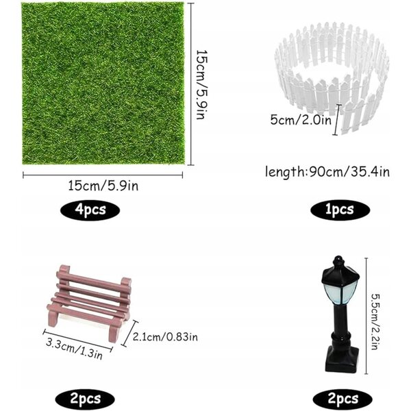 9-teiliges Mini-Gartenset mit Rasen, Zaun, Bänken und Laternen