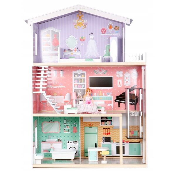 Großes Puppenhaus aus Holz mit Möbeln und mobilem Kinderlift