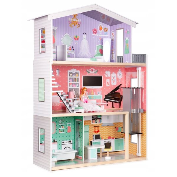 Großes Puppenhaus aus Holz mit Möbeln und mobilem Kinderlift