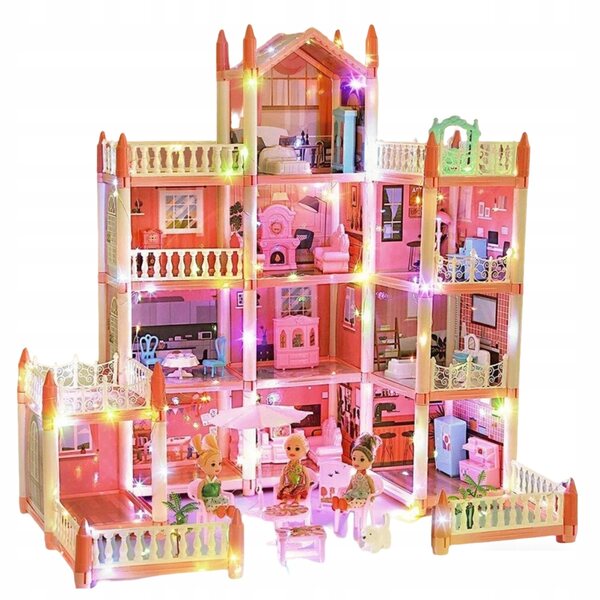 4-stöckiges Puppenhaus mit LED-Lichtern, farbenfrohen Möbeln und Accessoires