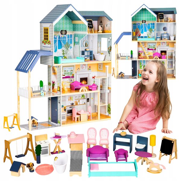 Ecotoys Puppenhaus aus Holz XL 138 cm mit Aufzug und 28 Möbeln für Kinder