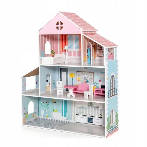 COSTWAY Puppenhaus aus Holz 87 cm mit 8 Möbeln und 3 farbigen Böden