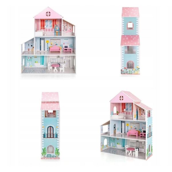 COSTWAY Puppenhaus aus Holz 87 cm mit 8 Möbeln und 3 farbigen Böden