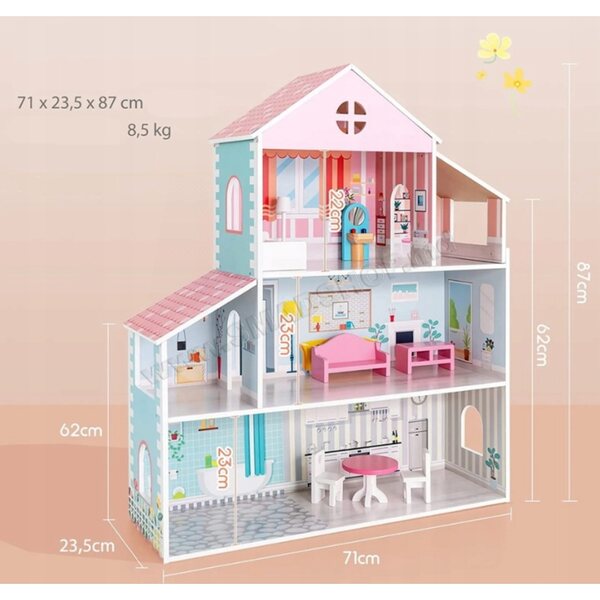 COSTWAY Puppenhaus aus Holz 87 cm mit 8 Möbeln und 3 farbigen Böden