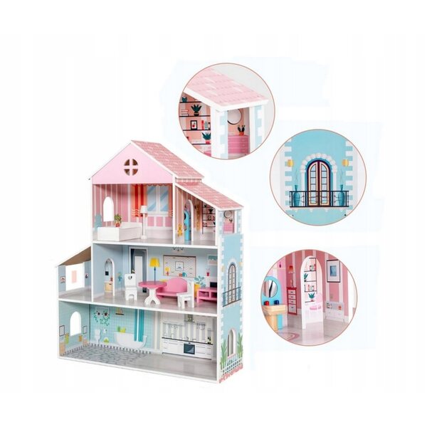 COSTWAY Puppenhaus aus Holz 87 cm mit 8 Möbeln und 3 farbigen Böden