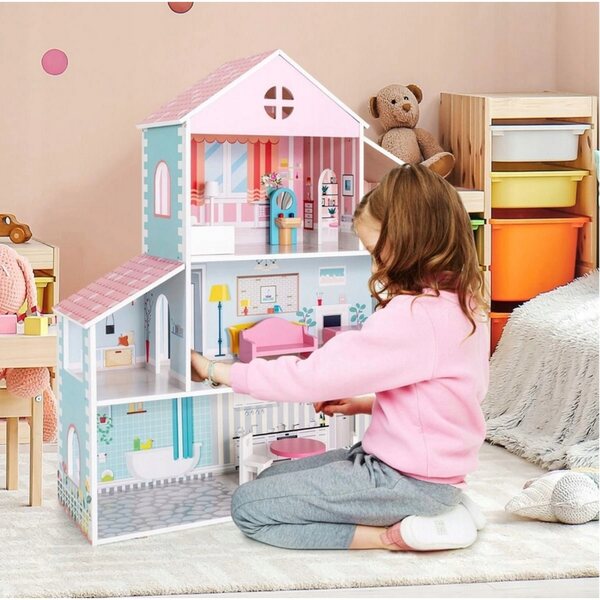 COSTWAY Puppenhaus aus Holz 87 cm mit 8 Möbeln und 3 farbigen Böden