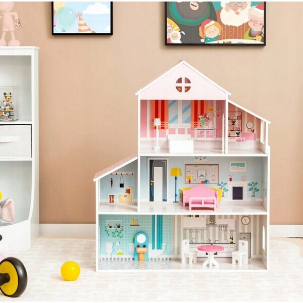 COSTWAY Puppenhaus aus Holz 87 cm mit 8 Möbeln und 3 farbigen Böden